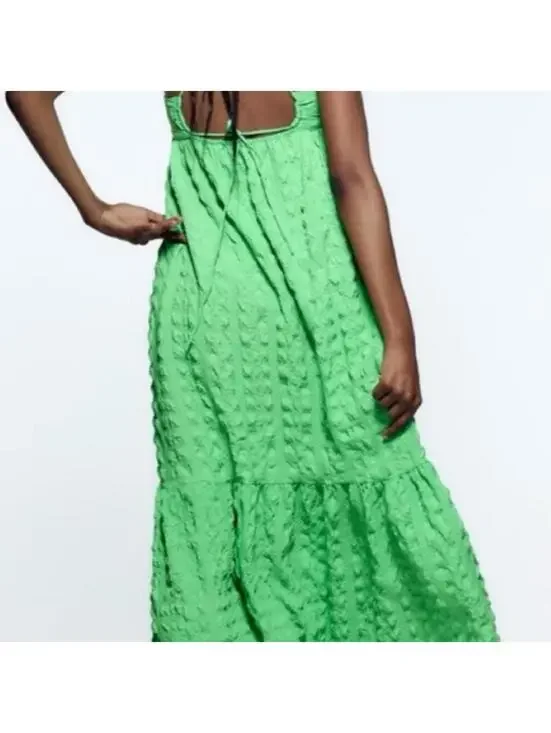 Zara green maxi textured dress with open back - Picture 2 of 6